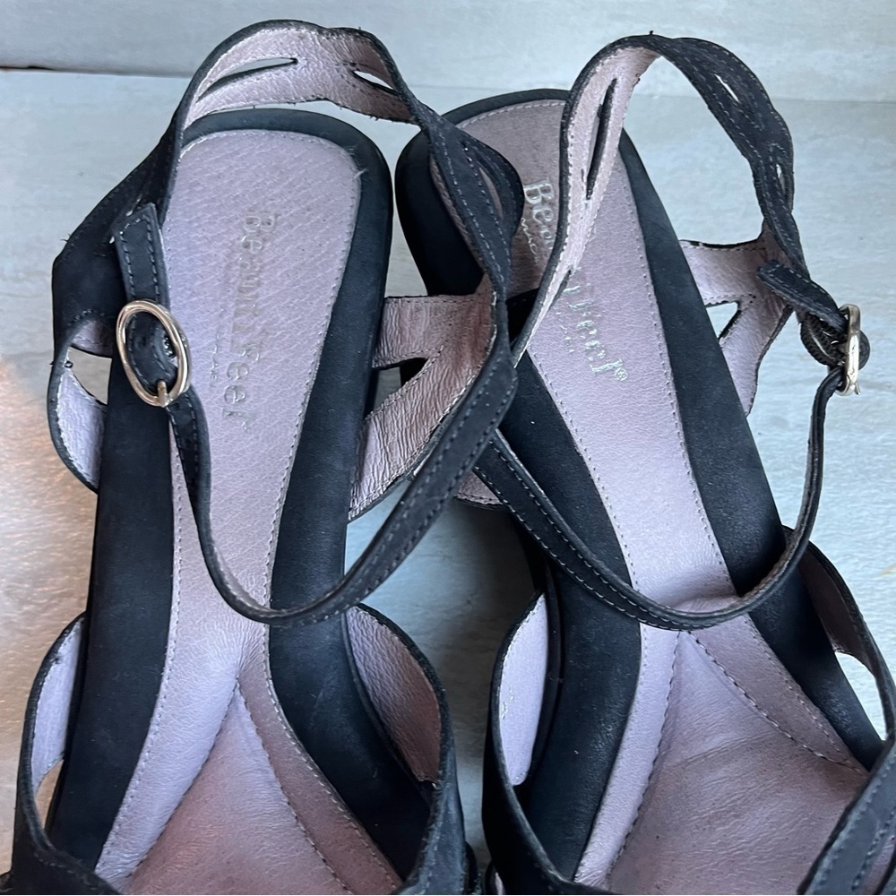 ** Beautifeel Black Leather Wedge Sandals sz 41 Ankle Strap - Picture 7 of 12